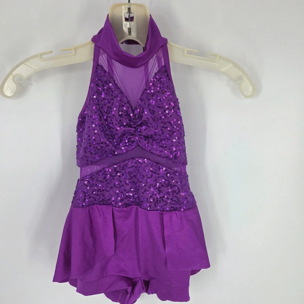 Weissman Purple Sequin Mock Neck Halter Dance Costume Skirted Leotard Kids SC